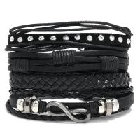 PU cavo bracciali, with corda in pelle di vitello & corda di cera & plastica rivestito in rame & lega in zinco, lucido, 4 pezzi & gioielli di moda & unisex, nero, 79x97mm, Venduto da set