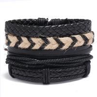 PU Leather Cord Bracelets with Linen 4 pieces & fashion jewelry & Unisex black Sold By Set