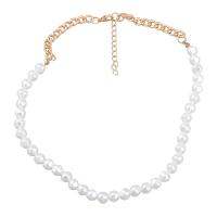 Colar de pérolas de plástico, liga de zinco, with Concha de resina, with 4.37inch extender chain, joias de moda & para mulher, branco, níquel, chumbo e cádmio livre, comprimento Aprox 14.6 inchaltura, vendido por PC