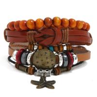 Rundsleder armbanden, Koeienhuid, met Wax & Hout & Copper Coated Plastic & Zinc Alloy, antiek brons plated, 3 stuks & mode sieraden & uniseks, multi-gekleurde, Verkocht door Stel