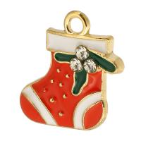 Zinklegering Kerst Hangers, Zinc Alloy, Kerst Sok, gold plated, uniseks & glazuur & met strass, rood, nikkel, lood en cadmium vrij, 17x18x3mm, Gat:Ca 2mm, Ca 200pC's/Bag, Verkocht door Bag