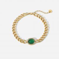 Bijoux bracelet en acier inoxydable, Acier inoxydable 304, avec agate verte, avec 3.6cm chaînes de rallonge, Réglable & bijoux de mode & pour femme, doré, Longueur 16.9 cm, Vendu par PC