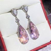 Zircon cubique ( CZ ) Boucles d'oreilles pendantes, laiton, Placage de couleur platine, pavé de micro zircon & pour femme, rose, 9x41mm, Vendu par paire