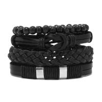 PU Armband Set, med Kohud & Vax & Trä & Zink Alloy, 4 stycken & mode smycken & Unisex, svart, Längd Ca 17-18 cm, Säljs av Ställ