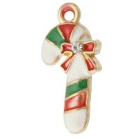 Zinc Alloy Jul Vedhæng, Christmas Candy Cane, guldfarve belagt, Unisex & emalje & med rhinestone, blandede farver, nikkel, bly & cadmium fri, 11x22.50x3.50mm, Hole:Ca. 2mm, Ca. 500pc'er/Bag, Solgt af Bag