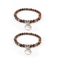 Natürliche Tiger Eye Armband, Tigerauge, mit Zinklegierung, Apfel, silberfarben plattiert, elastisch & unisex, 8mm, Länge 7.5 ZollInch, verkauft von PC