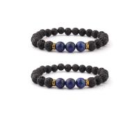 Bráisléid gemstone, Lava, le Lapis Lazuli & Sinc Alloy, Babhta, dath an óir plated, leaisteacha & unisex, dathanna measctha, 8mm, Fad 7.5 Inse, Díolta De réir PC