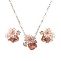 Strass-Schmuck-Sets, Stud Ohrring & Halskette, Zinklegierung, mit Kunststoff Perlen, Rósegold-Farbe plattiert, 2 Stück & für Frau & mit Strass, Roségold, frei von Nickel, Blei & Kadmium, 18*18mm, Länge ca. 15.75 ZollInch, verkauft von setzen