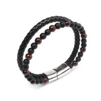 Edelsteen armbanden, Titanium Staal, met Abrazine Stone & Koeienhuid & Tiger Eye, Dubbele laag & voor de mens, zwart en rood, 6mm, Lengte Ca 8.26 inch, Verkocht door PC