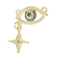 Messing hanger met micro-paved kubieke zirconia's, gold plated, mode sieraden & DIY & boze oog patroon & micro pave zirconia & voor vrouw & dubbel-gat, twee verschillende gekleurde, 24mm, Gat:Ca 1mm, 10pC's/Lot, Verkocht door Lot