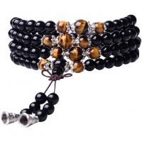 Pulsera Wrap, Obsidiana, con Ojo de tigre & aleación de zinc, Esférico, chapado en color de plata, multicapa & unisexo, Negro, 108PCs/Sarta, Vendido para aproximado 34.65 Inch Sarta