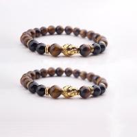 Natürliche Tiger Eye Armband, Tigerauge, mit schwarzer Stein & Zinklegierung, Buddha, goldfarben plattiert, elastisch & unisex, gemischte Farben, 8mm, Länge 7.5 ZollInch, verkauft von PC