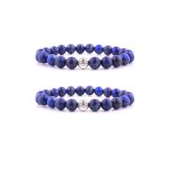 Natuurlijke Lapis Lazuli Armbanden, met Zinc Alloy, Ronde, silver plated, elastische & uniseks, blauw, 8mm, Lengte 7.5 inch, Verkocht door PC