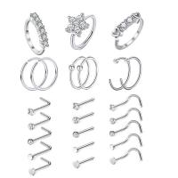 Nerezová ocel Nose Piercing šperky, 304 Stainless Steel, s Mosaz, lesklý, módní šperky & unisex & micro vydláždit kubické zirkony, stříbro, 0.8x8mm,0.8x7mm, 24PC/nastavit, Prodáno By nastavit