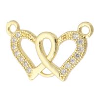 Messing hanger met micro-paved kubieke zirconia's, Hart, gold plated, mode sieraden & DIY & micro pave zirconia & voor vrouw & dubbel-gat, gouden, 19.50x12x1.50mm, Gat:Ca 1mm, 10pC's/Lot, Verkocht door Lot