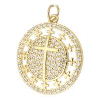 Cubique Pendentif en laiton zircon pavent, Rond, Placage de couleur d'or, bijoux de mode & DIY & pavé de micro zircon & pour femme, doré, 21x23x4mm, Trou:Environ 2mm, 10PC/lot, Vendu par lot