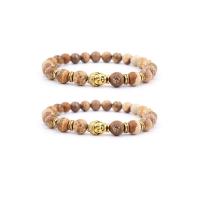 Gemstone Armbånd, Picture Jasper, med Zinc Alloy, Buddha, guldfarve belagt, elastisk & Unisex, blandede farver, 8mm, Længde 7.5 inch, Solgt af PC