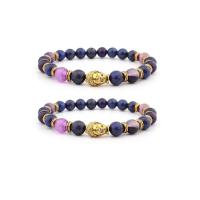 Bracelets de pierres précieuses, Lapis lazuli, avec calcédoine mauve & alliage de zinc, bouddha, Placage de couleur d'or, élastique & unisexe, couleurs mélangées, 8mm, Longueur 7.5 pouce, Vendu par PC