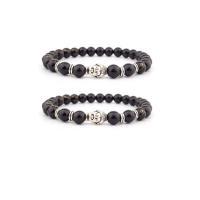 Glasperlen Armband, mit Zinklegierung, Buddha, silberfarben plattiert, elastisch & unisex, schwarz, 8mm, Länge 7.5 ZollInch, verkauft von PC