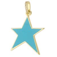 Colgantes de la joyería de cobre amarillo, metal, Estrella, chapado en color dorado, Bricolaje & para mujer & esmalte, azul, 25x31.50x2mm, agujero:aproximado 3mm, 10PCs/Grupo, Vendido por Grupo