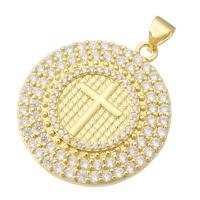 Cubique Pendentif en laiton zircon pavent, Rond, Placage de couleur d'or, bijoux de mode & DIY & pavé de micro zircon & pour femme, doré, 25x28x3.50mm, Trou:Environ 3.5mm, 10PC/lot, Vendu par lot