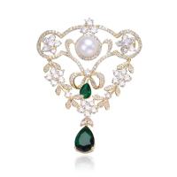 Cubic Zirconia Spilla, ottone, with perla in plastica, placcato oro vero, Vintage & Micro spianare cubic zirconia & per la donna, verde, assenza di nichel,piombo&cadmio, 52x70mm, Venduto da PC