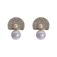 Messing oorbellen met micro-paved kubieke zirconia's, met Plastic Pearl, gold plated, micro pave zirconia & voor vrouw, 14x18mm, Verkocht door pair