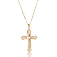 Cubic Zircon Micro Pave Brass Necklace Cross gold color plated micro pave cubic zirconia & for woman Length Approx 15.74 Inch Sold By PC