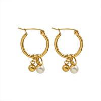 Titanium Staal Earring, met Plastic Pearl, voor vrouw, gouden, 28mm, Verkocht door pair