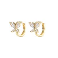 Boucles d'oreilles en laiton zircon cubique pavent, papillon, bijoux de mode & pavé de micro zircon & pour femme, doré, protéger l'environnement, sans nickel, plomb et cadmium, 14mm,11mm, Vendu par paire