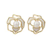 Ottone stallone orecchino, with Shell Pearl & conchiglia, Rose, placcato color oro, stili diversi per la scelta & per la donna, 15x17mm, Venduto da coppia