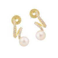 Boucles d'oreilles en laiton zircon cubique pavent, avec perle d'eau douce cultivée, Placage de couleur d'or, styles différents pour le choix & pavé de micro zircon & pour femme, 10x22mm, Vendu par paire