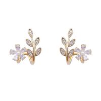 Cubic Zirconia Micro Pave Brass Earring with Plastic Pearl Flower gold color plated micro pave cubic zirconia & for woman nickel lead & cadmium free Sold By Pair