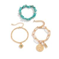 alliage de zinc Set de bracelet, avec chaîne de fer & turquoise, avec 1.9inch chaînes de rallonge, Placage de couleur d'or, trois pièces & bijoux de mode & pour femme, protéger l'environnement, sans nickel, plomb et cadmium, Longueur Environ 6.2 pouce, Vendu par fixé