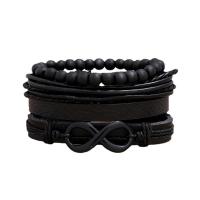 Cowhide Bracelet Set with PU Leather & Wood & Zinc Alloy with 8-10cm*2 extender chain knit vintage & 4 pieces & Adjustable & for man black Length 17-18 cm Sold By Set