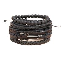 Koeienhuid Armband-Set, met Hennep & PU & Hout & Zinc Alloy, met 8-9cm*2 extender keten, breien, Vintage & 4 stuks & Verstelbare & voor de mens, zwart, Lengte 17-18 cm, Verkocht door Stel