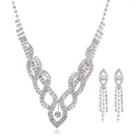 Strass-Schmuck-Sets, Ohrring & Halskette, Zinklegierung, mit Verlängerungskettchen von 12cm, silberfarben plattiert, Modeschmuck & für Frau & mit Strass, Silberfarbe, frei von Nickel, Blei & Kadmium, 28mm,10x55mm, Länge 34 cm, verkauft von setzen