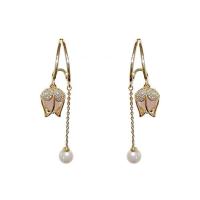 Boucles d'oreilles en laiton zircon cubique pavent, avec perle de plastique & Acrylique, Tulip, Placage de couleur d'or, pavé de micro zircon & pour femme, 45mm, Vendu par paire