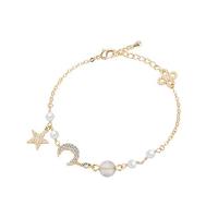 Zinklegering armbandkettingen, Zinc Alloy, met Glazen kralen & Plastic Pearl, met 1.18inch extender keten, Maan en Ster, gold plated, micro pave zirconia & voor vrouw, meer kleuren voor de keuze, Lengte Ca 7 inch, Verkocht door PC