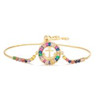 Bracelet cubique en laiton zircon pavent, Placage de couleur d'or, Réglable & pavé de micro zircon & pour femme, multicolore, 240mm, Vendu par PC