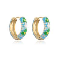 Brass Huggie Hoop Earring gold color plated with flower pattern & for woman & enamel Sold By Pair