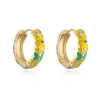 Brass Huggie Hoop Earring gold color plated with flower pattern & for woman & enamel Sold By Pair