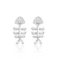 Pendientes de Micro Pavé de Zirconía Cúbica en Plata de Ley, plata de ley 925, Espina de pescado, chapado en color de platina, micro arcilla de zirconia cúbica & para mujer, 8x16mm, Vendido por Par