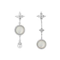 asymmetrische oorbellen, 925 Sterling Zilver, met White Shell, platinum plated, voor vrouw & met strass, 39mm, Verkocht door pair