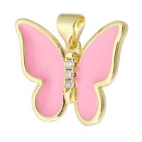 Messing hanger met micro-paved kubieke zirconia's, Vlinder, gold plated, mode sieraden & DIY & micro pave zirconia & glazuur, roze, 20x17x4.50mm, Gat:Ca 3mm, 10pC's/Lot, Verkocht door Lot