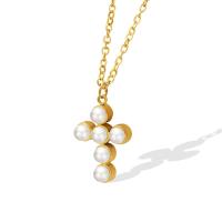 Titanium Steel Necklace with Plastic Pearl with 5cm extender chain Cross Vacuum Ion Plating for woman golden Length Approx 40 cm Sold By PC