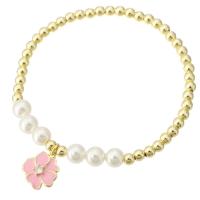 Cúbicos Circonia pulsera Latón Micro pavimenta, metal, con Shell Pearl, Flor, chapado en color dorado, micro arcilla de zirconia cúbica & para mujer & esmalte, Rosado, longitud aproximado 7 Inch, Vendido por UD