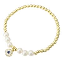 Cúbicos Circonia pulsera Latón Micro pavimenta, metal, con Shell Pearl, chapado en color dorado, micro arcilla de zirconia cúbica & para mujer & esmalte, longitud aproximado 7 Inch, Vendido por UD