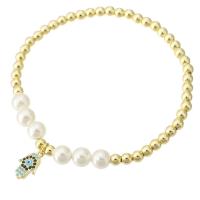 Cúbicos Circonia pulsera Latón Micro pavimenta, metal, con Shell Pearl, Mano, chapado en color dorado, micro arcilla de zirconia cúbica & para mujer, longitud aproximado 7 Inch, Vendido por UD