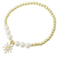 Cubic Zirconia Micro Pave Brass Bracelet with Shell Pearl gold color plated micro pave cubic zirconia & for woman Length Approx 7 Inch Sold By PC